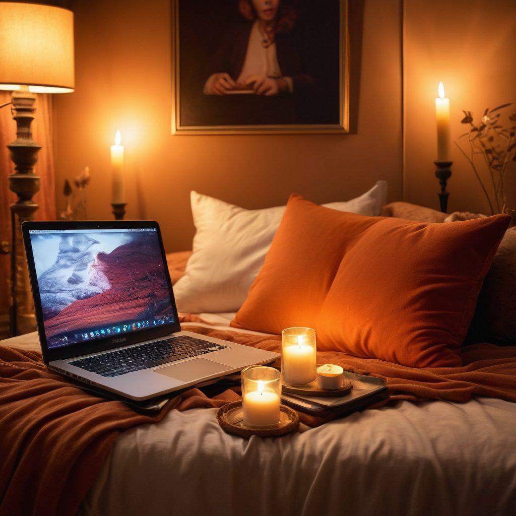 A cozy, dimly lit room adorned with plush pillows and soft fabrics, featuring an eclectic mix of kink-related items like cuffs, whips, and candles. On one side, a laptop illuminates the space with a glowing blog interface, showcasing enticing articles. Sensual silhouettes are subtly integrated into the background, hinting at themes of intimacy and exploration. Warm, inviting colors create an intimate atmosphere. super-realistic. vibrant colors. cozy ambiance.