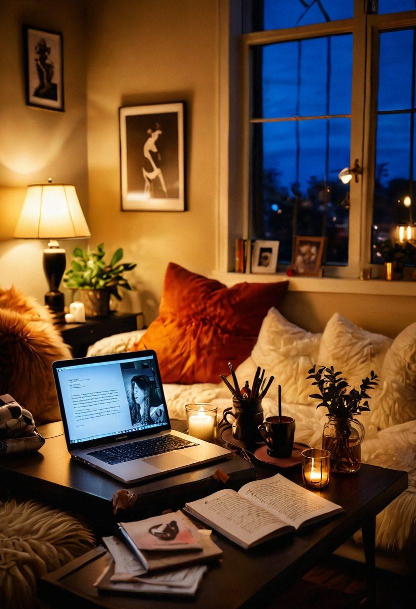 An inviting, cozy room filled with sensual decor, featuring soft lighting, plush pillows, and various playful accessories that symbolize kink and fetish exploration. Include a laptop on a whimsical coffee table displaying a blog page about sexuality, alongside a notebook filled with ideas and sketches. Subtle hints of revved-up emotions, such as silhouettes of a couple in playful poses in the background. Capture an ambiance of curiosity and empowerment. super-realistic. vibrant colors. warm tones.
